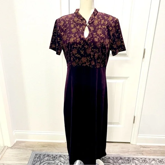 Caroline Wells Dresses | Caroline Wells Women's 16 Maxi Velour Dress Purple Gold Floral Holiday Party | Color: Gold/Purple | Size: 16 |